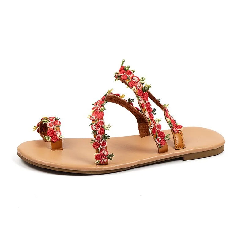 Damen Zehensandalen mit Blumenmuster ⎜ Luftige Sommerschuhe für Strand und Freizeit in großen Größen