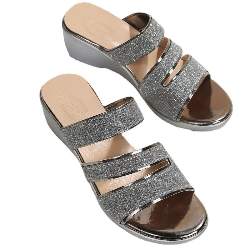 Damen Keilsandalen mit Glitzerriemen ⎜ Elegante Sommerschuhe mit bequemem Absatz und rutschfester Sohle