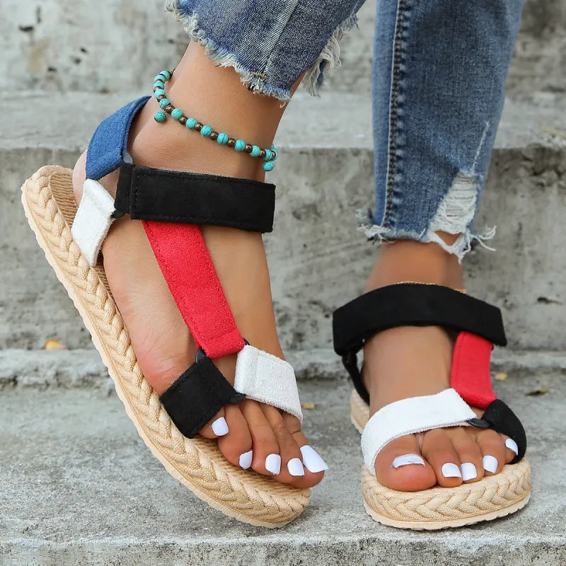 Sommer Sandalen für Damen ⎜ Bequeme Plateauschuhe mit Klettverschluss und buntem Design für Alltag und Strand