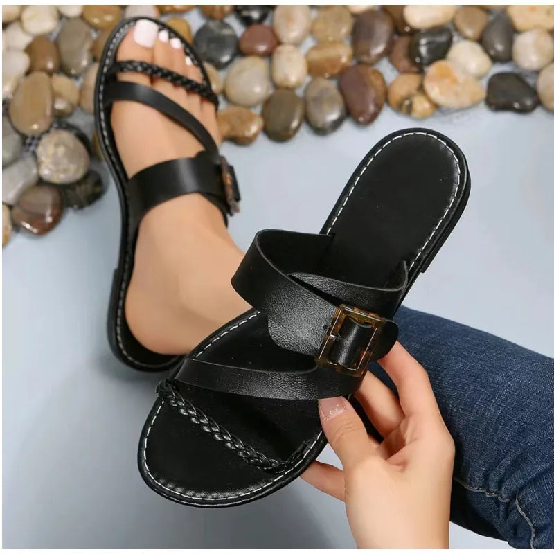 Damen Flache Slipper ⎜ Bequeme Sommerschuhe mit Geflochtenem Riemen und Verstellbarer Schnalle