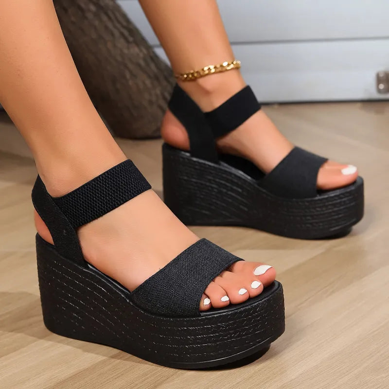 Damen Plateau Sandalen ⎜ Bequeme Sommerschuhe mit Elastischen Riemen und Hohem Keilabsatz