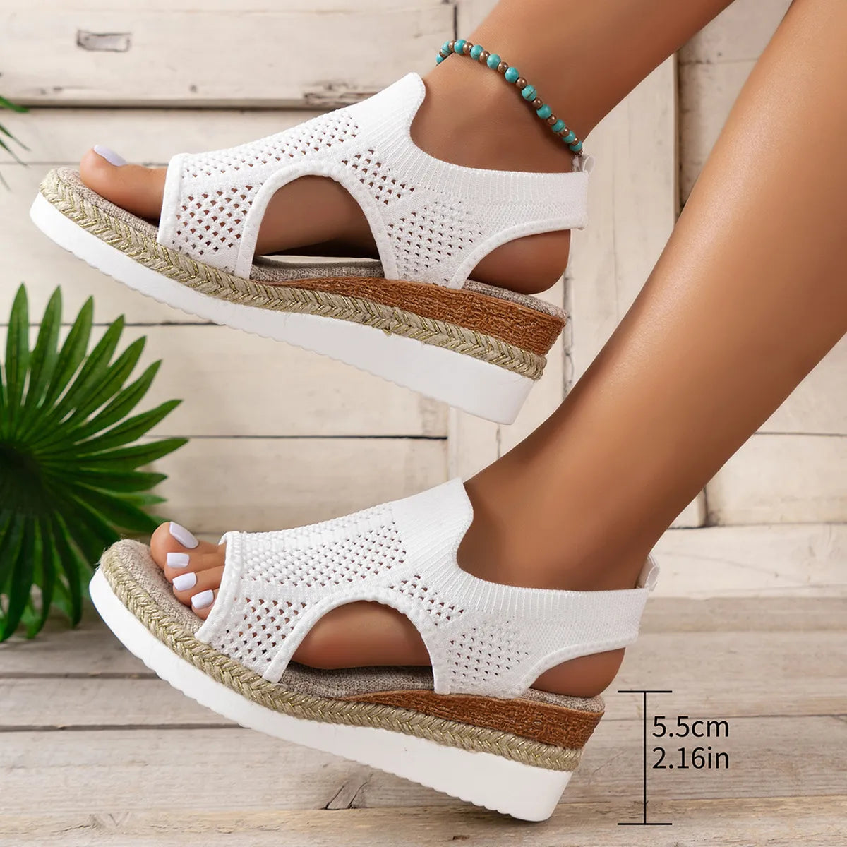 Damen Keilsandalen ⎜ Bequeme Sommerschuhe mit Strickdesign und Offener Zehenpartie für den Sommer