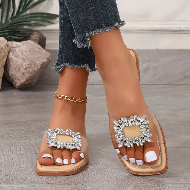 Schlichte Flache Sandalen für Damen ⎜ Transparente Sommerschuhe mit Strass-Applikationen und Elegantem Design