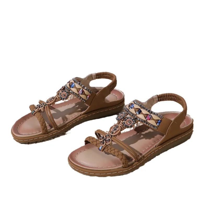 Boho Sandalen für Damen ⎜ Bequeme Sommerschuhe mit Perlen, Strass und elastischem Riemen in Komfortgröße
