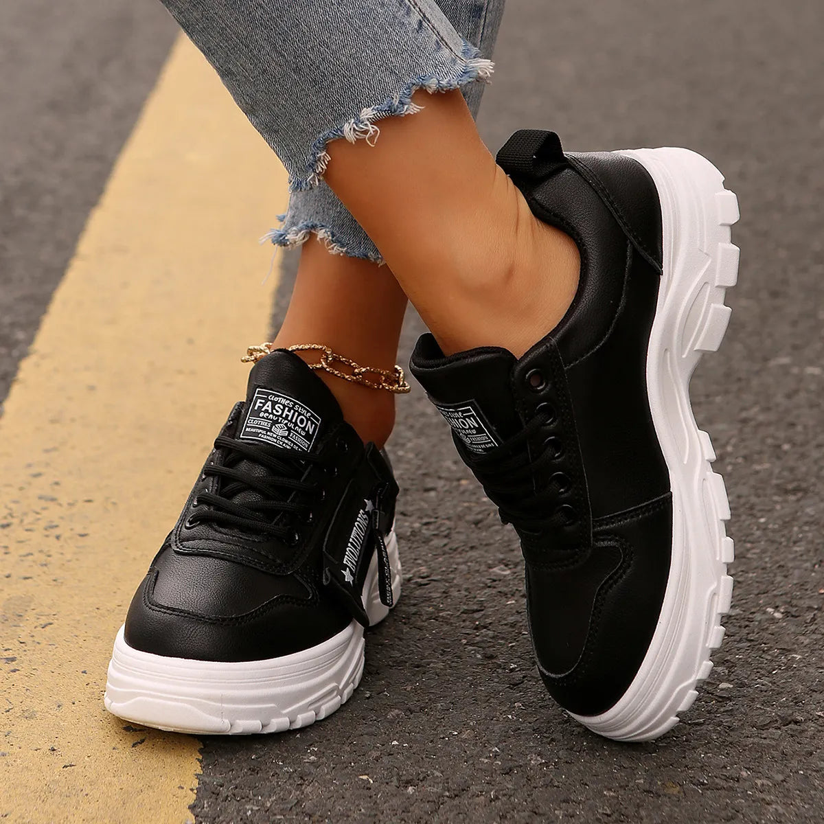 Damen Sneakers ⎜ Bequeme Schnürschuhe mit seitlichem Reißverschluss und dickem Sohlenprofil für den Alltag