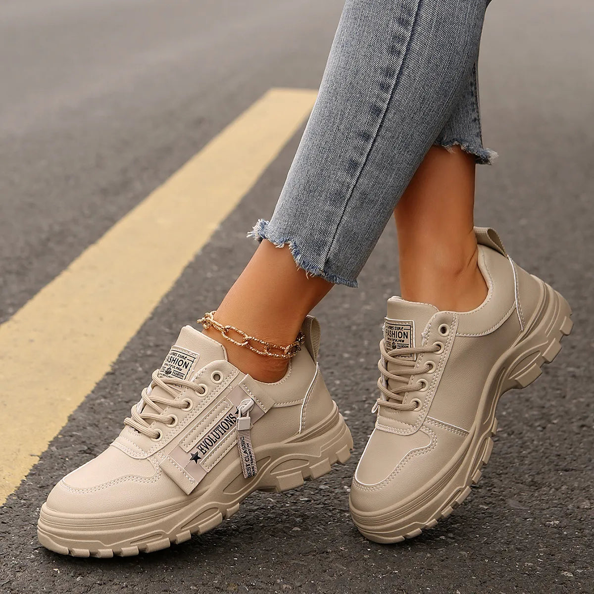 Damen Sneakers ⎜ Bequeme Schnürschuhe mit seitlichem Reißverschluss und dickem Sohlenprofil für den Alltag