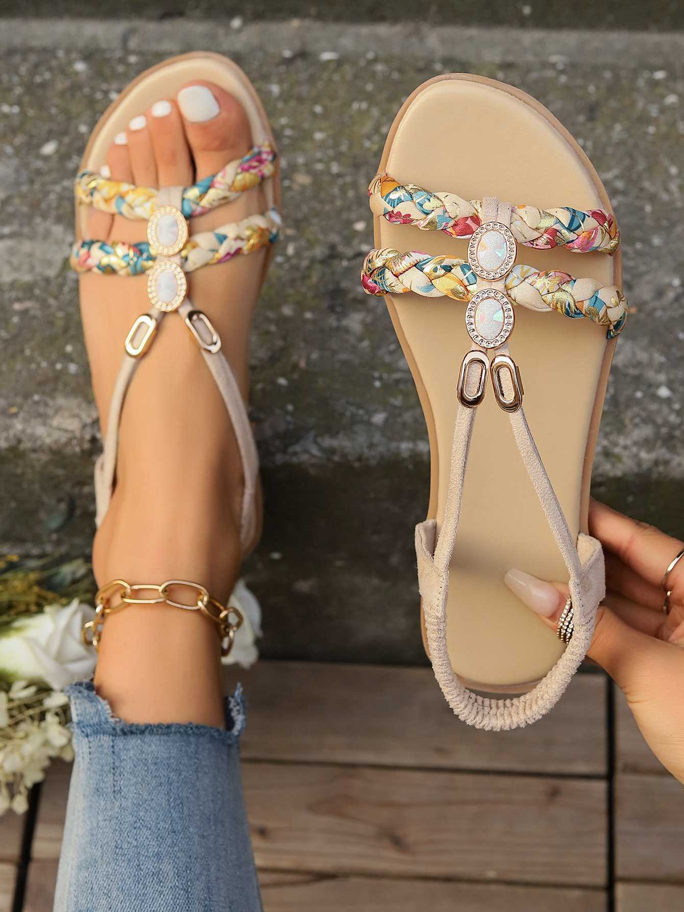Damen Outdoor-Sandalen ⎜ Flache Komfortsohle mit Geflochtenem Design und Geeignet für Große Größen