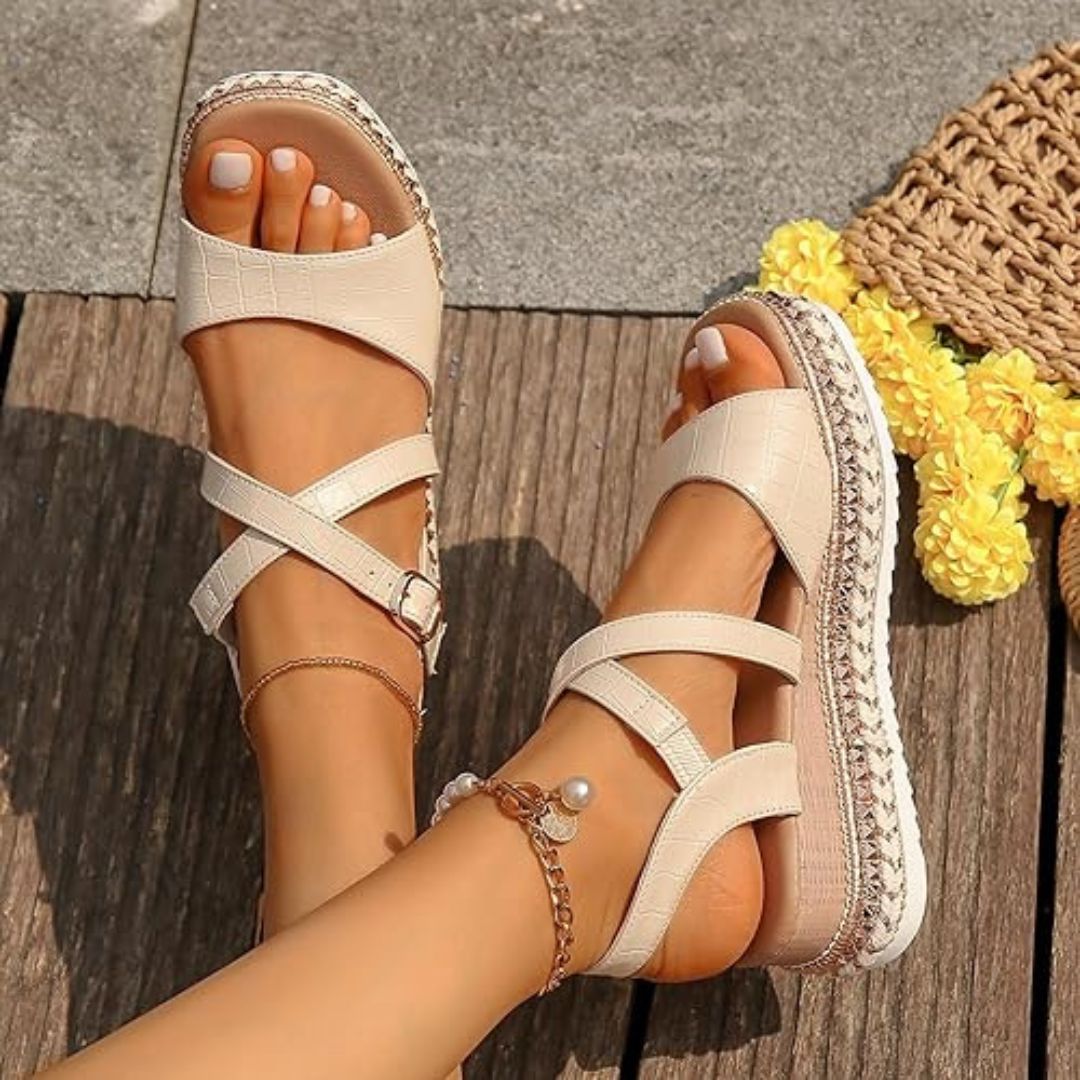 Damen Plateausandalen ⎜ Bequeme Sommerschuhe mit Verstellbarem Riemen und Stylischer Bastsohle