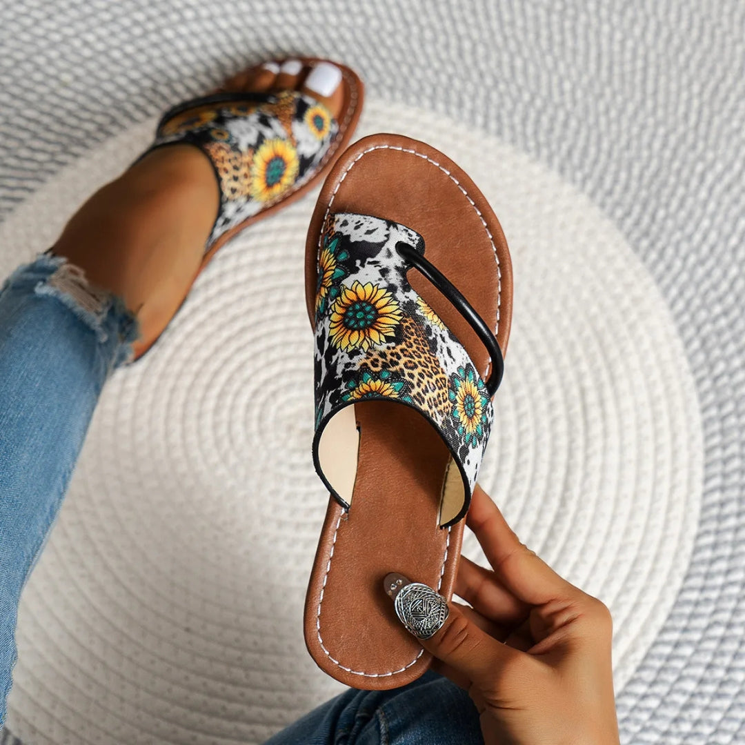 Zehentrenner-Sandalen für Damen ⎜ Atmungsaktive Sommerschuhe mit Buntem Print und Bequemer Laufsohle