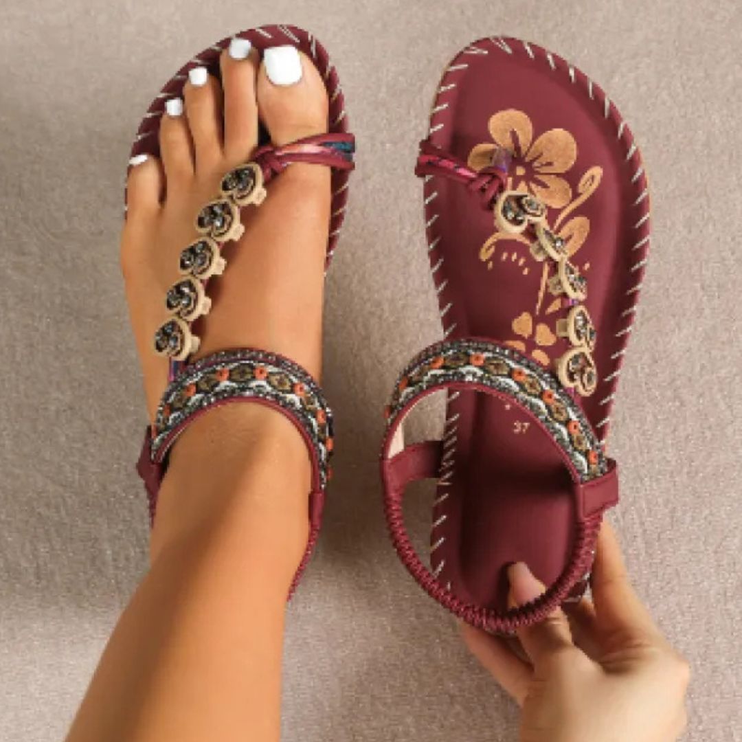 Boho Sandalen für Damen ⎜ Bequeme Sommerschuhe mit Strass und Zehentrenner für Alltag & Strand
