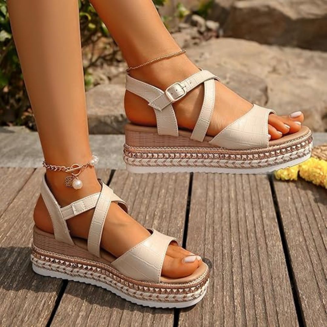 Damen Plateausandalen ⎜ Bequeme Sommerschuhe mit Verstellbarem Riemen und Stylischer Bastsohle
