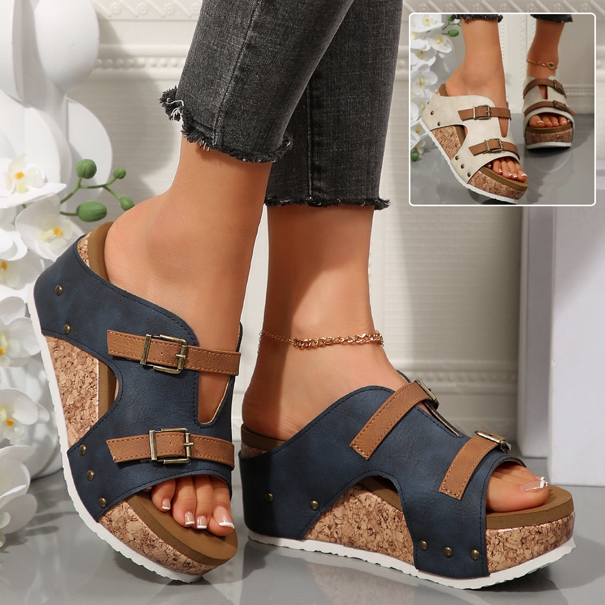 Damen Wedge Sandalen ⎜ Bequeme Schuhe mit Schnallenverschluss und modischer Korksohle