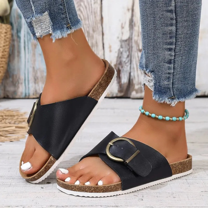 Flache Damen Slipper ⎜ Bequeme Schuhe mit Schnalle und Stilvollem Design für Sommer und Alltag