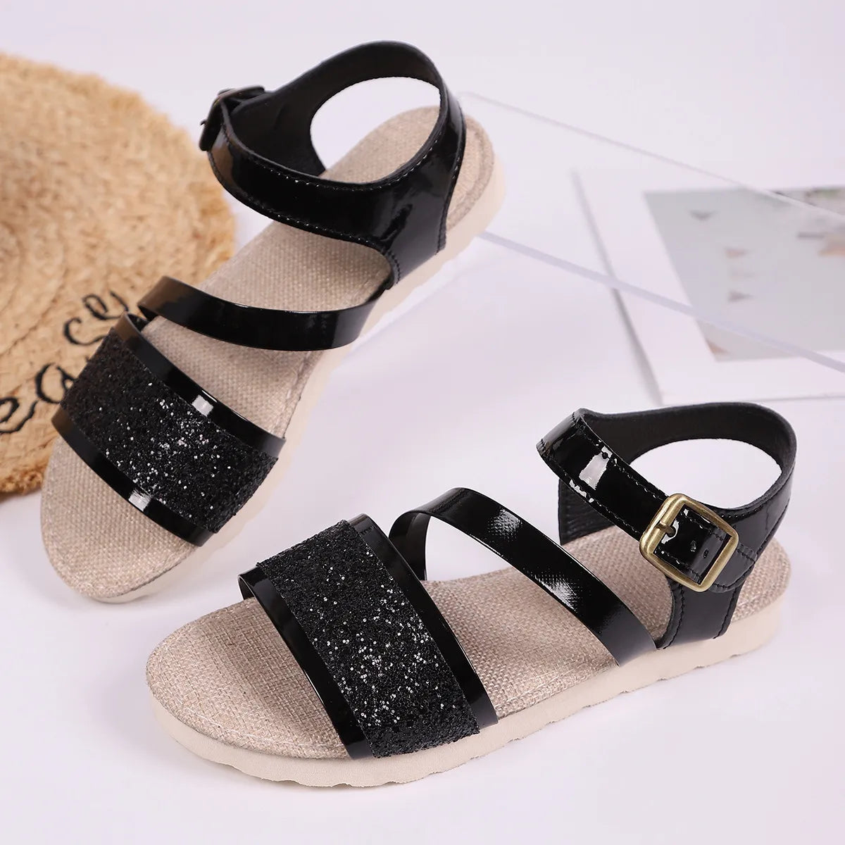 Damen Plateau Sandalen ⎜ Modische Schuhe mit Glitzer-Details und verstellbarem Schnallenriemen