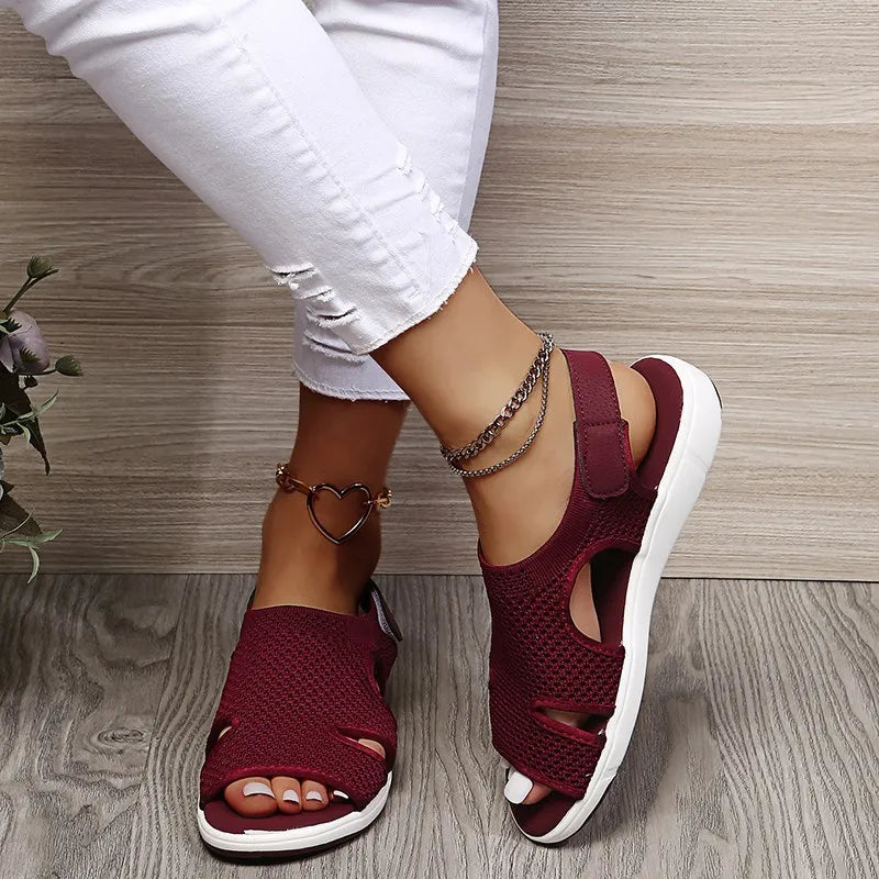 Damen Flachsandalen ⎜ Bequeme Schuhe mit atmungsaktivem Netzgewebe und modischen Details
