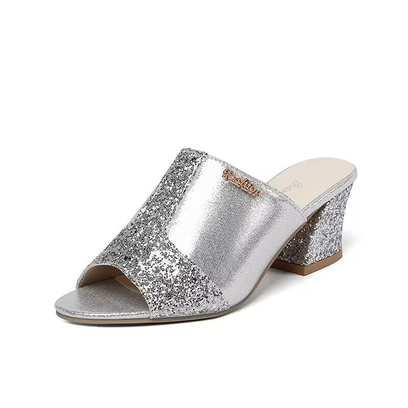 Damen Mules mit Blockabsatz ⎜ Modische Sandalen mit Glitzer-Details und offenem Zehenbereich