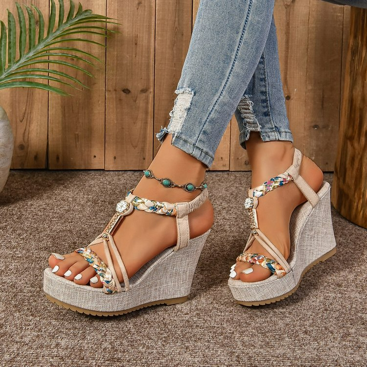 Damen Wedge Sandalen ⎜ Bequeme Schuhe mit Rattan-Optik und funkelnden Strasssteinen
