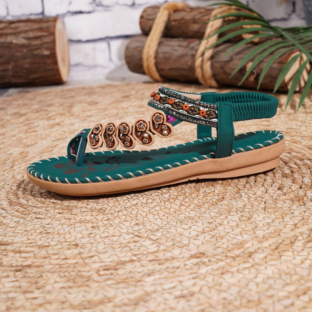 Boho Sandalen für Damen ⎜ Bequeme Sommerschuhe mit Strass und Zehentrenner für Alltag & Strand