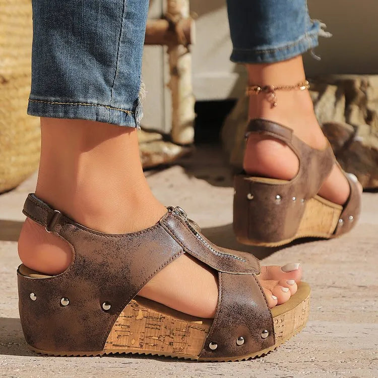Keilabsatz Sandalen für Damen ⎜ Modische Sommerschuhe mit Reißverschluss und komfortablem Tragegefühl