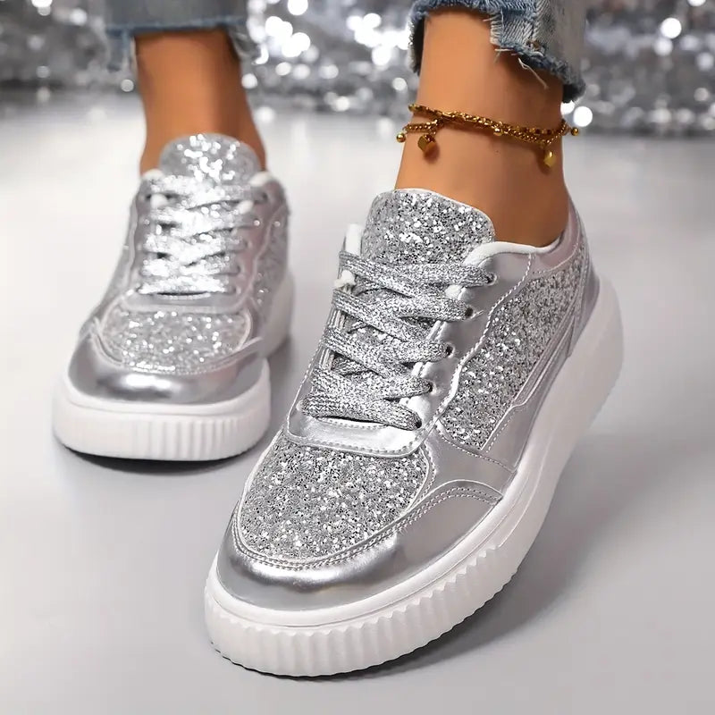 Damen Sneakers ⎜ Glänzende Schnürschuhe mit Glitzereffekt und dickem Sohlenprofil für den Alltag