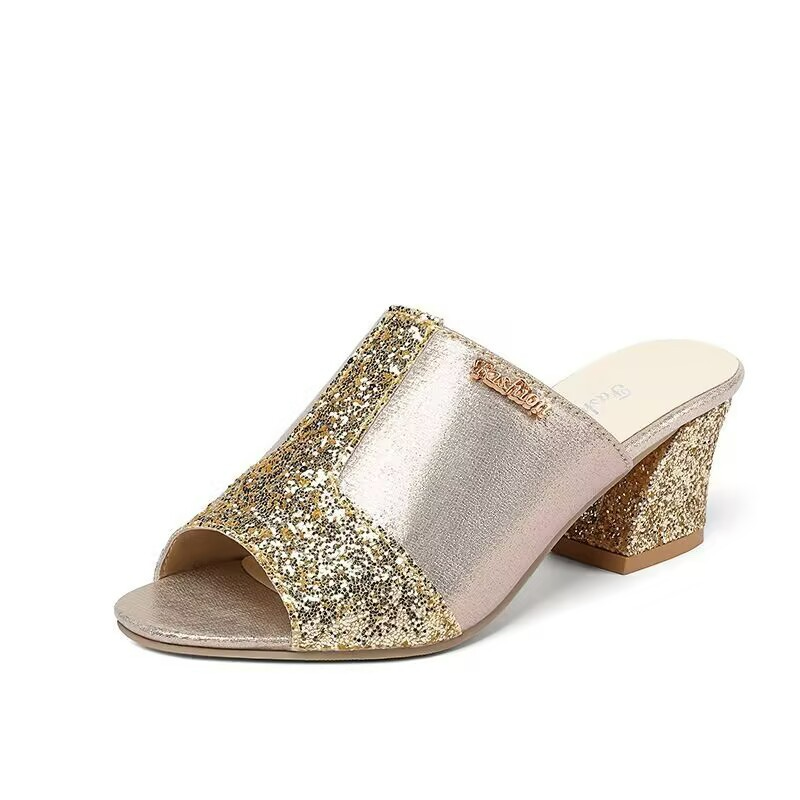 Damen Mules mit Blockabsatz ⎜ Modische Sandalen mit Glitzer-Details und offenem Zehenbereich