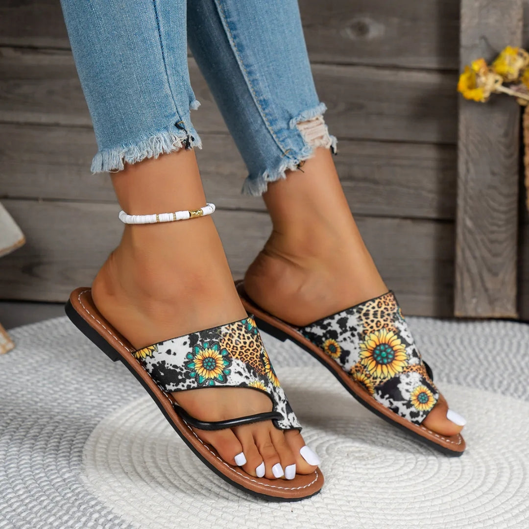 Zehentrenner-Sandalen für Damen ⎜ Atmungsaktive Sommerschuhe mit Buntem Print und Bequemer Laufsohle