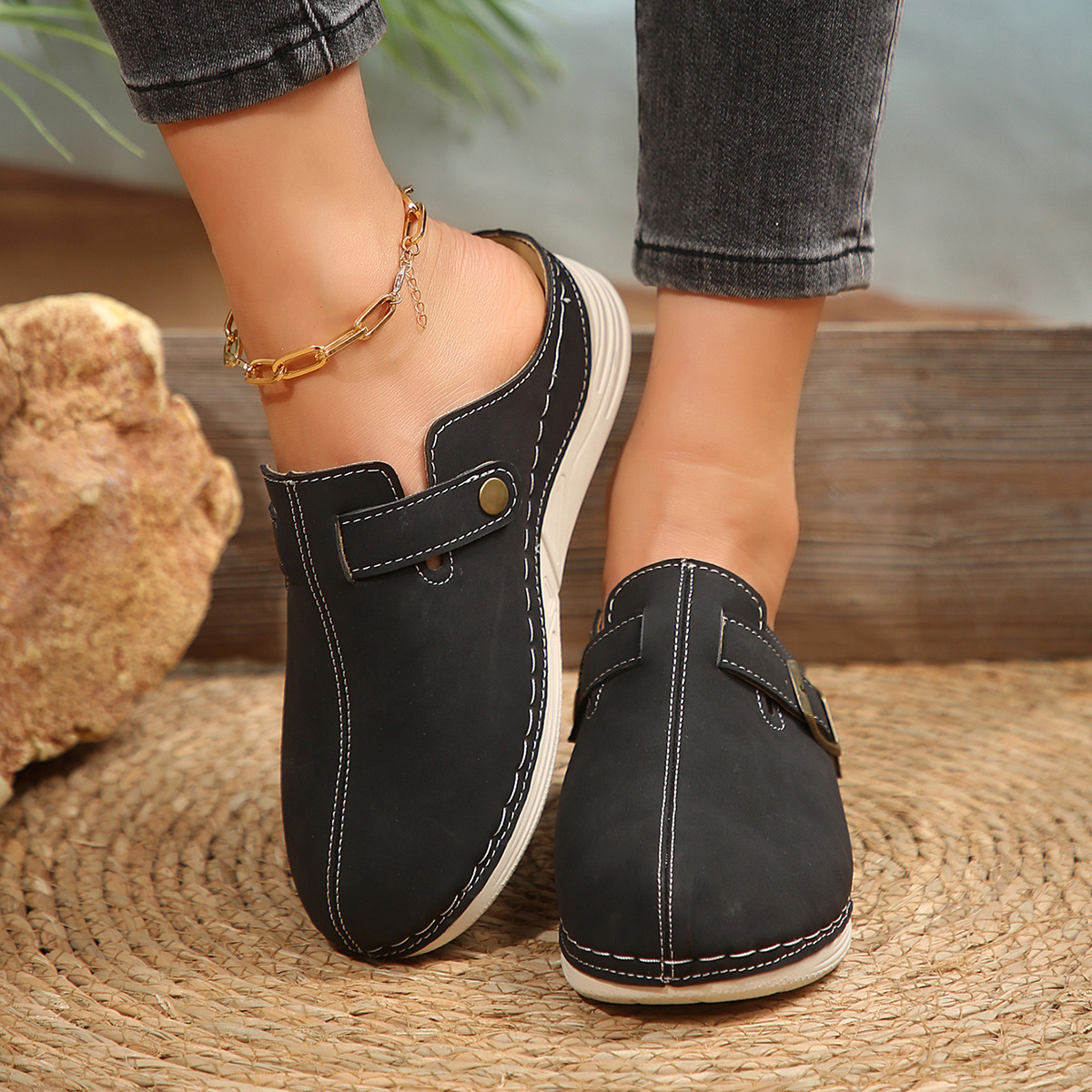 Damen Wedge Slippers mit Metall-Schnalle ⎜ Bequeme Clogs mit Riegelverschluss und trendigem Design