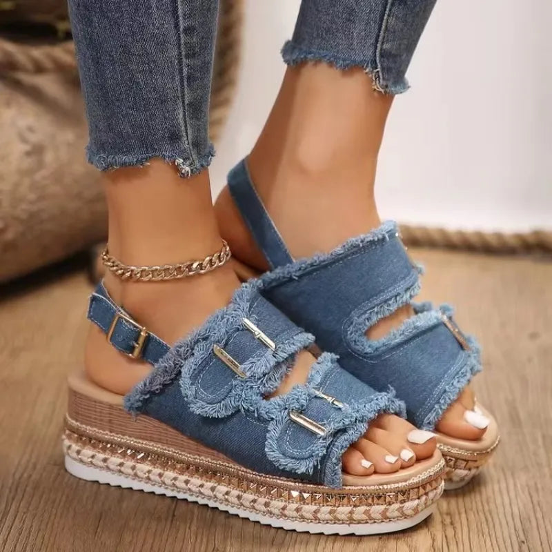 Damen Plateau Sandalen mit Doppel-Schnalle ⎜ Stylische Sommerschuhe im Retro Look für Strand und Freizeit