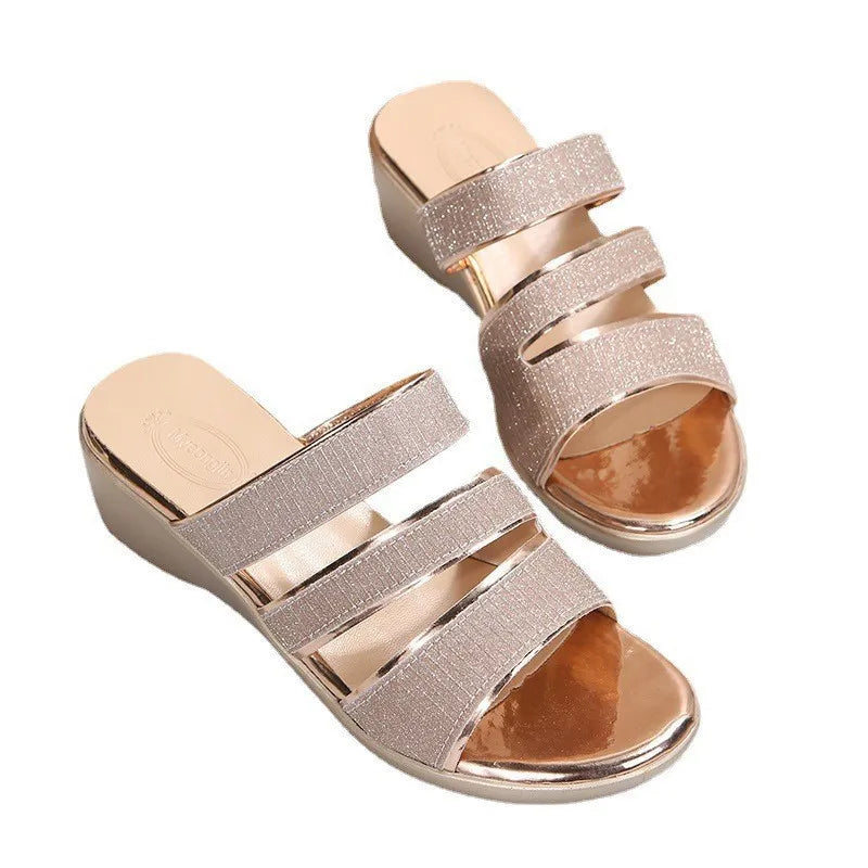 Damen Keilsandalen mit Glitzerriemen ⎜ Elegante Sommerschuhe mit bequemem Absatz und rutschfester Sohle