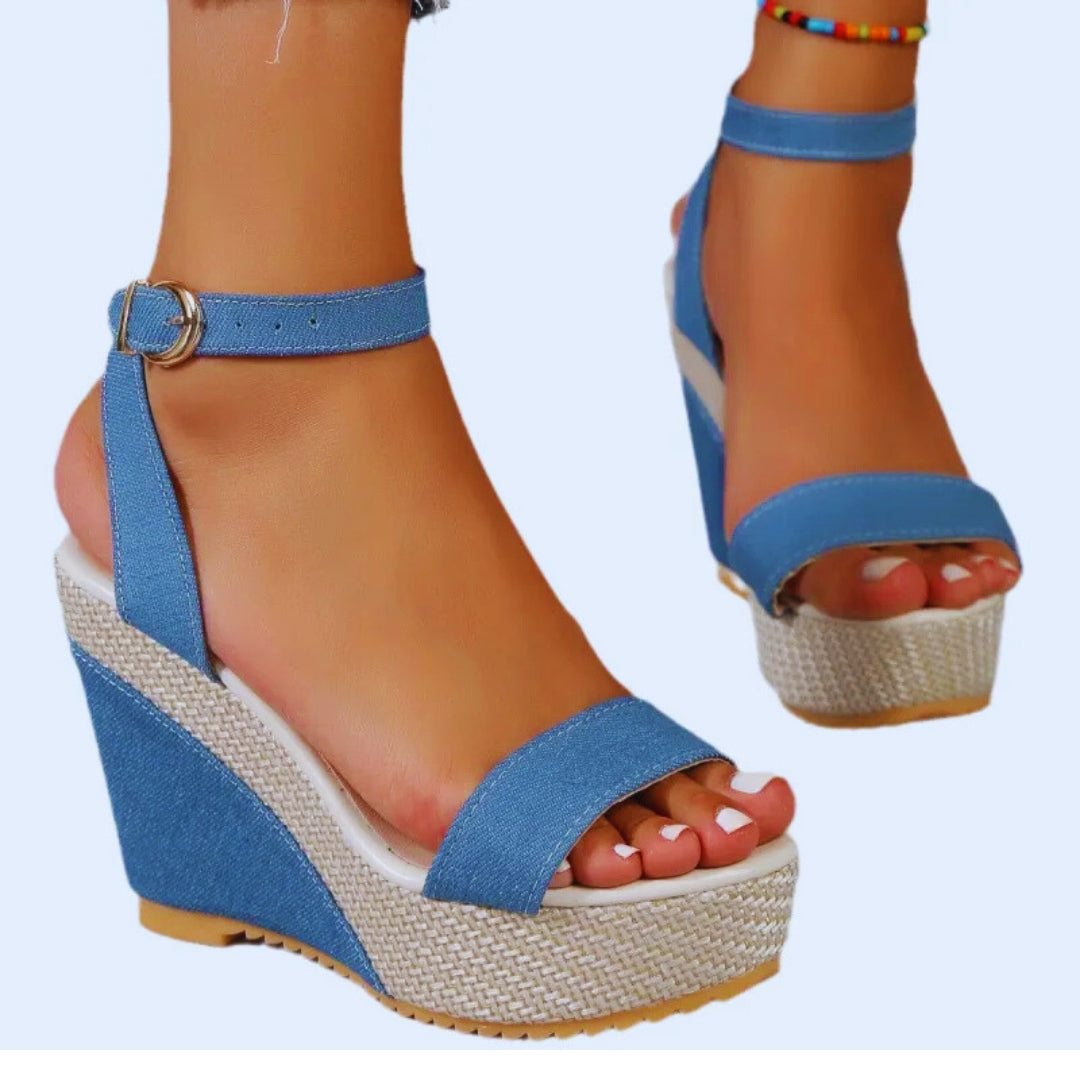 Keilsandalen für Damen ⎜ Hohe Sommerschuhe Aus Jeansstoff mit Knöchelriemen und Rutschfester Sohle