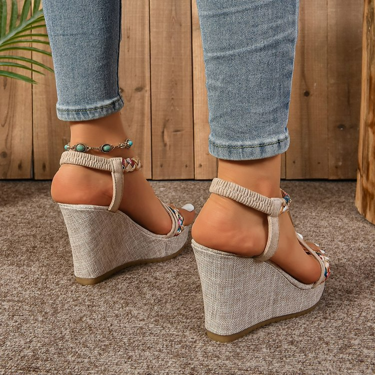 Damen Wedge Sandalen ⎜ Bequeme Schuhe mit Rattan-Optik und funkelnden Strasssteinen