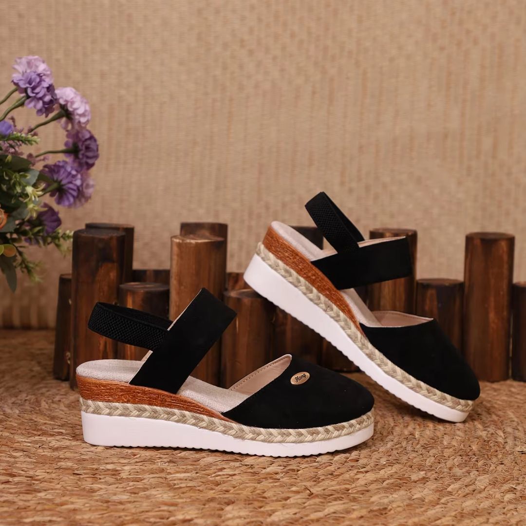 Damen Wedges mit elastischem Band ⎜ Bequeme Espadrilles mit Jute-Rohr-Details und geschlossenem Zehenbereich