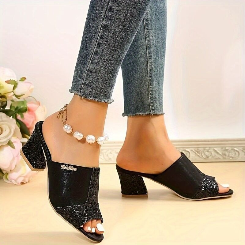 Damen Mules mit Blockabsatz ⎜ Modische Sandalen mit Glitzer-Details und offenem Zehenbereich