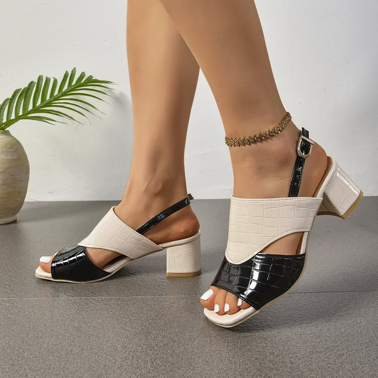 Damen Sandalen mit Blockabsatz ⎜ Modische Schuhe mit verstellbarem Riemen und Croco-Optik