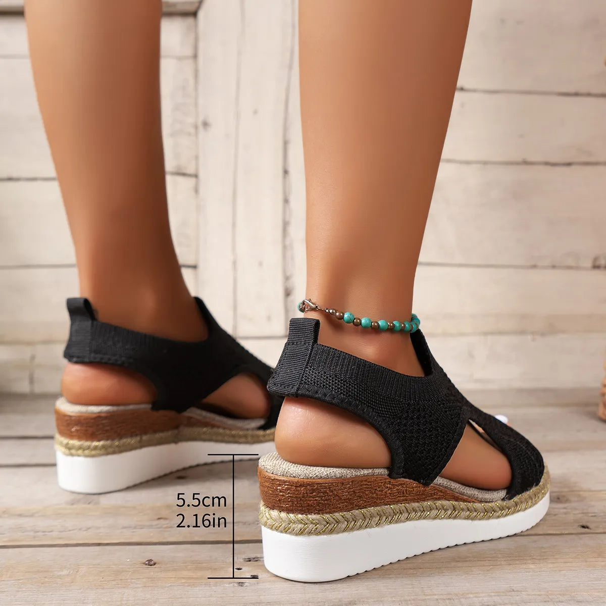 Damen Keilsandalen ⎜ Bequeme Sommerschuhe mit Strickdesign und Offener Zehenpartie für den Sommer