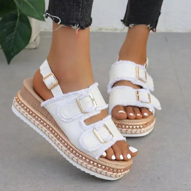 Damen Plateau Sandalen mit Doppel-Schnalle ⎜ Stylische Sommerschuhe im Retro Look für Strand und Freizeit