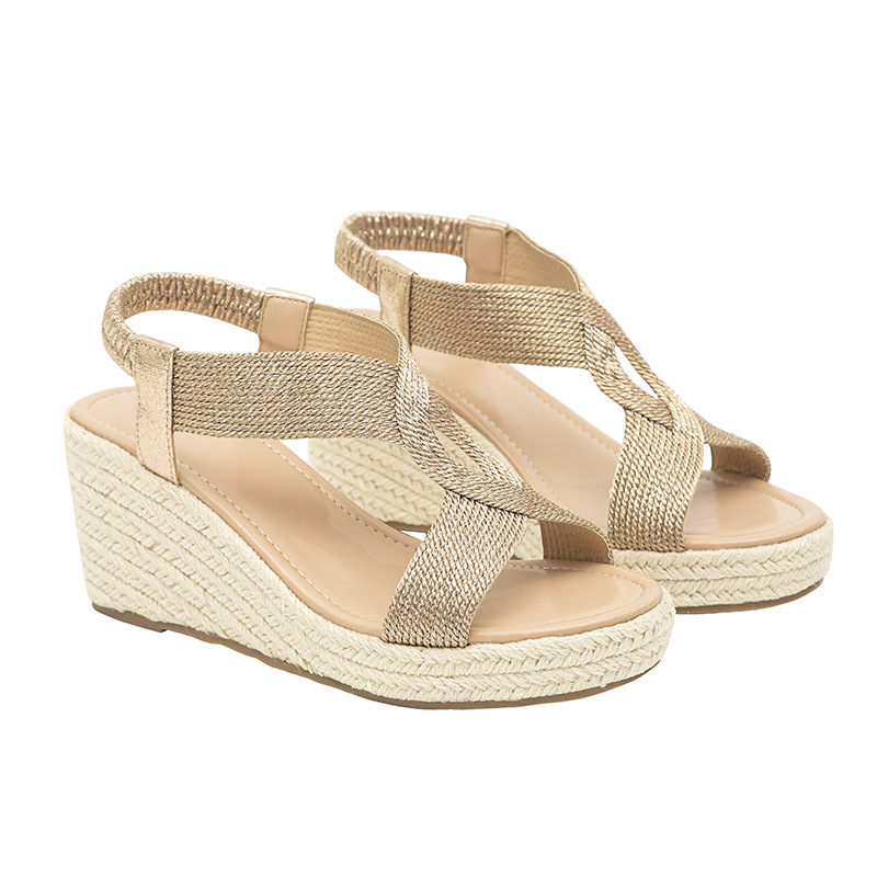 Damen Keilsandaletten mit Plateau ⎜ Elegante Sommerschuhe mit elastischem Riemen und bequemer Bastsohle