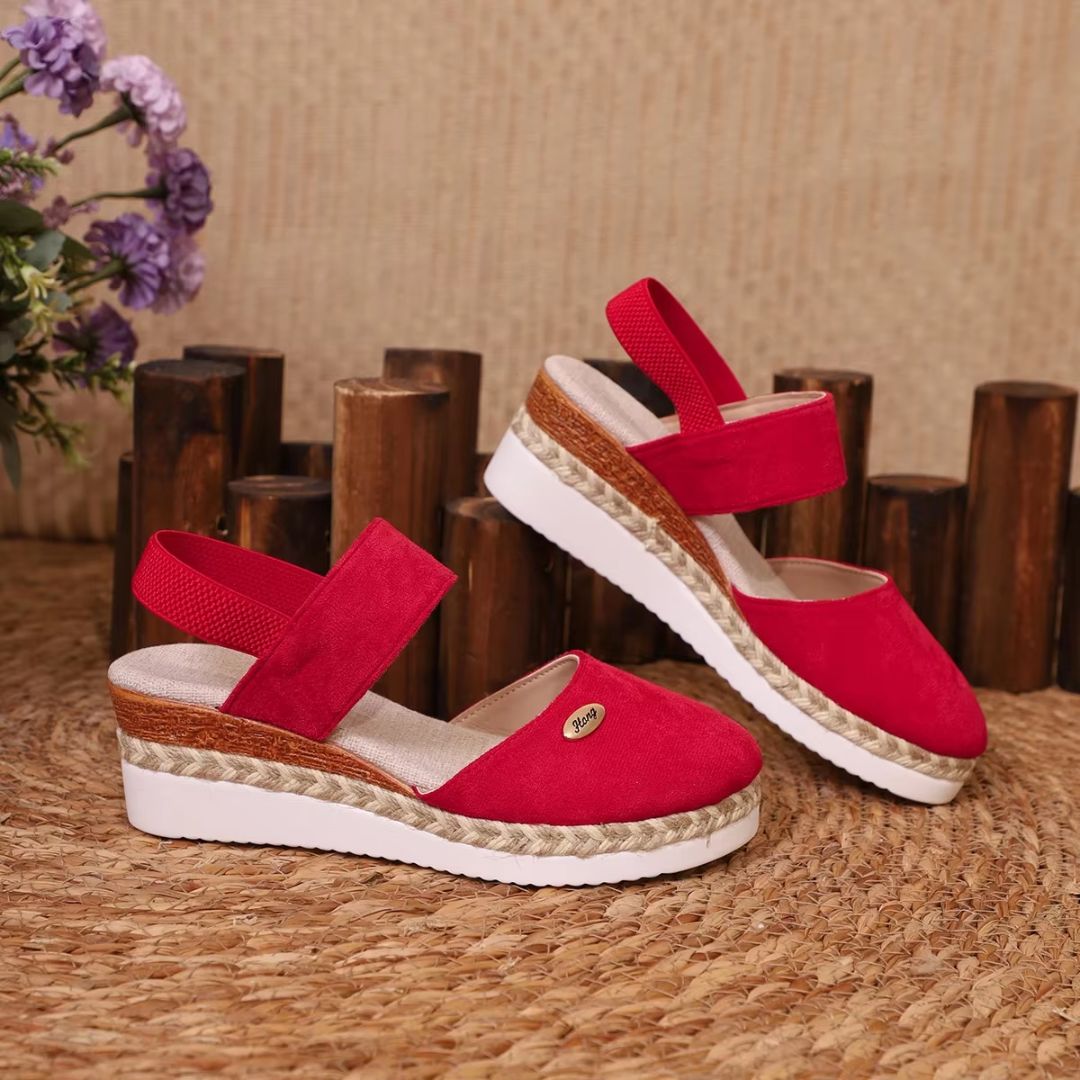 Damen Wedges mit elastischem Band ⎜ Bequeme Espadrilles mit Jute-Rohr-Details und geschlossenem Zehenbereich