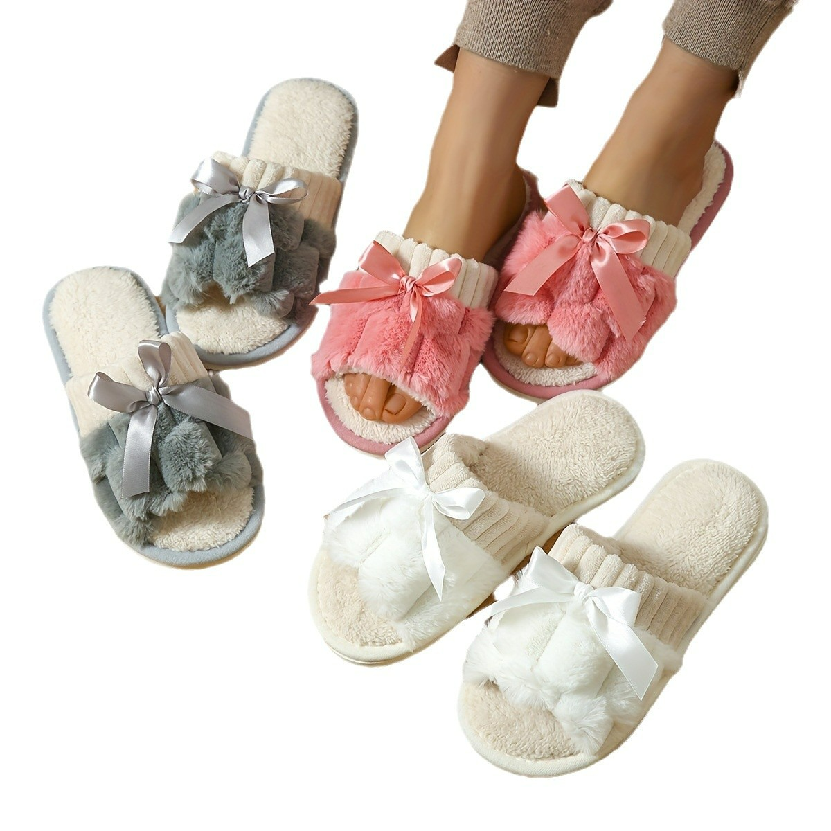 Damen Plüsch Slippers mit Schleifen-Design ⎜ Bequeme Hausschuhe für drinnen mit weichem Futter