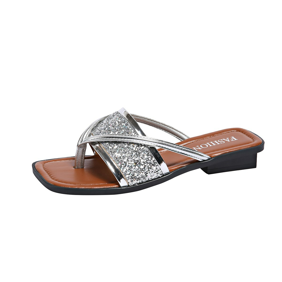 Damen Sandalen mit Glitzer-Details ⎜ Modische Flip-Flops mit Kreuzriemen und komfortablem Blockabsatz