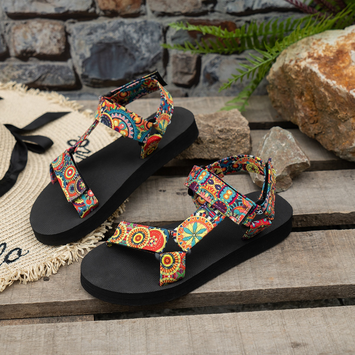 Outdoorsandalen für Damen ⎜ Leichte Sommerschuhe mit flacher Sohle und verstellbaren Klettverschlüssen