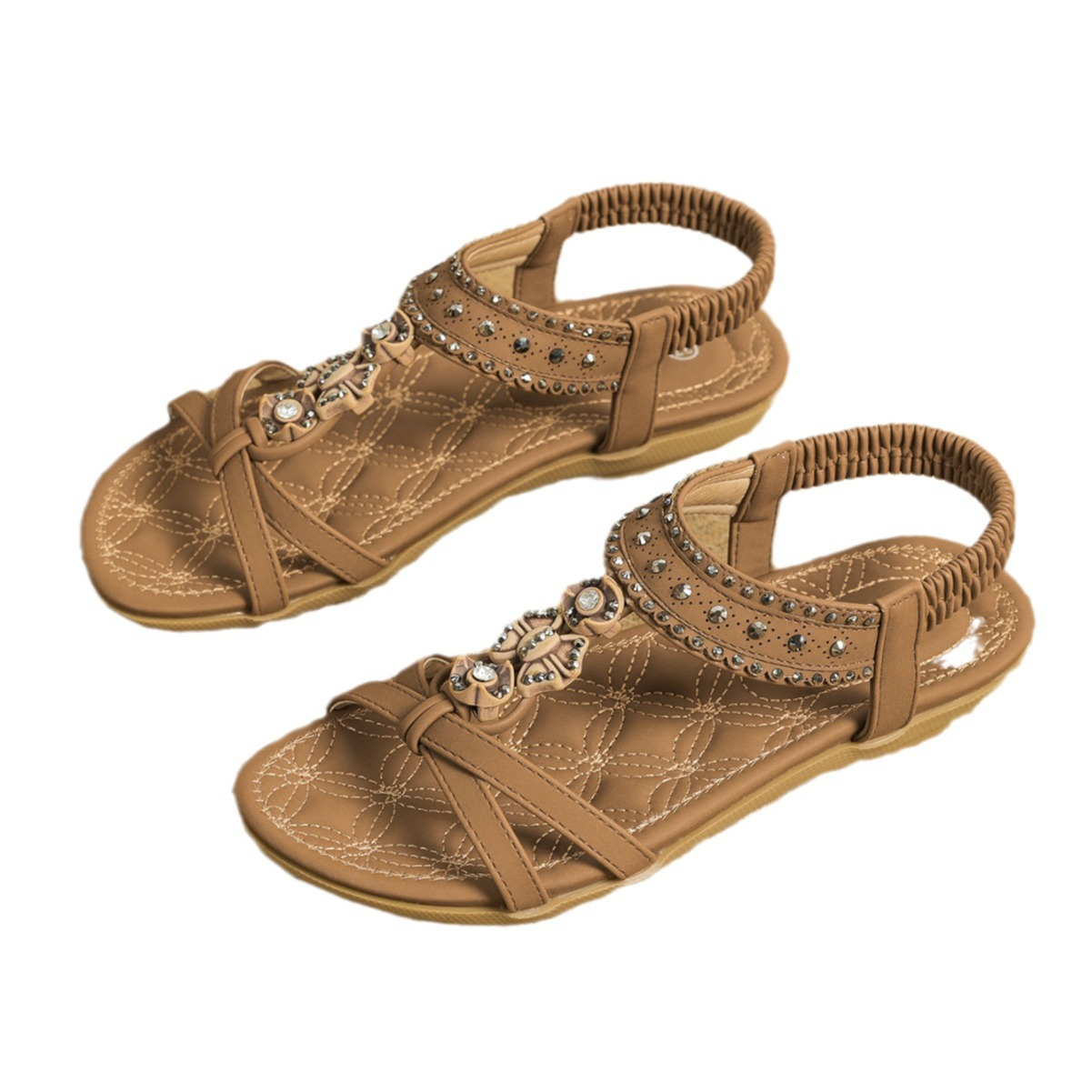 Flache Sandalen für Damen ⎜ Bequeme Sommerschuhe mit elastischem Riemen und funkelnden Ziersteinen