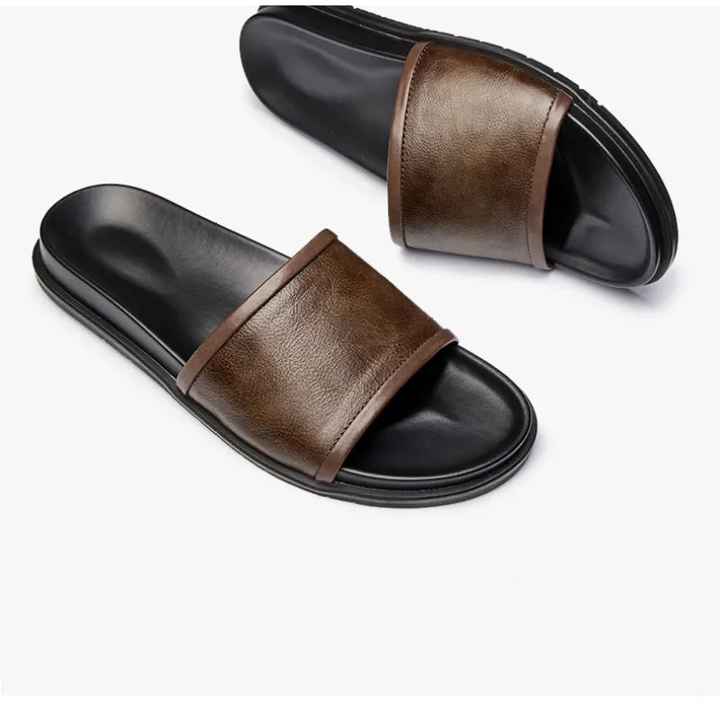 Herren Slipper aus echtem Leder ⎜Bequeme Sommer-Sandalen mit rutschfester Sohle für Outdoor-Aktivitäten