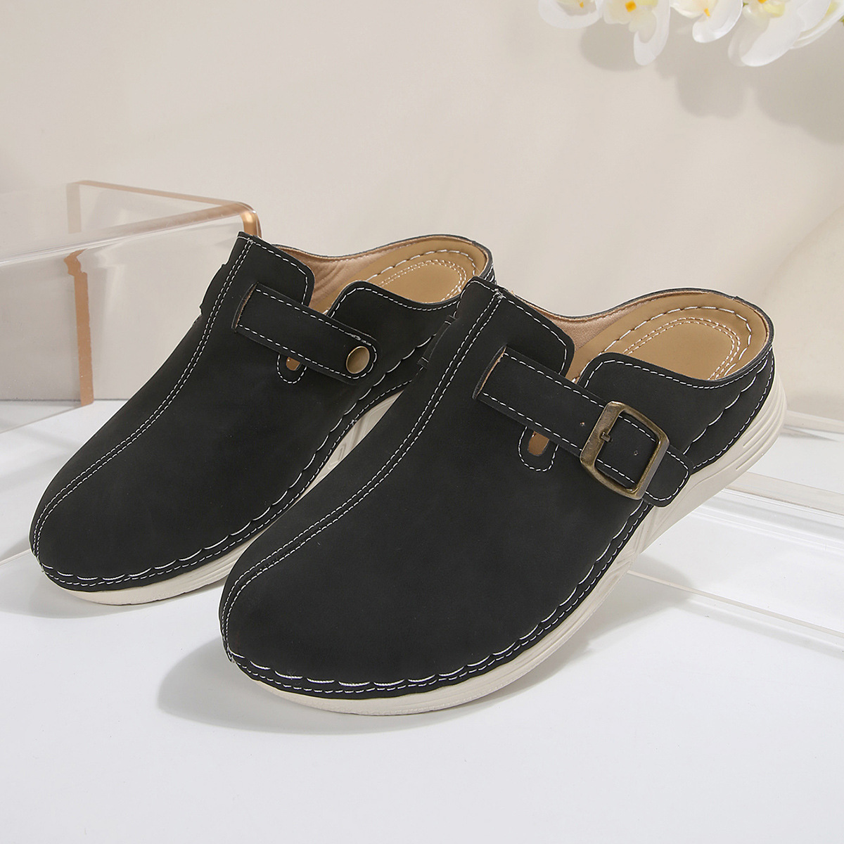 Damen Wedge Slippers mit Metall-Schnalle ⎜ Bequeme Clogs mit Riegelverschluss und trendigem Design