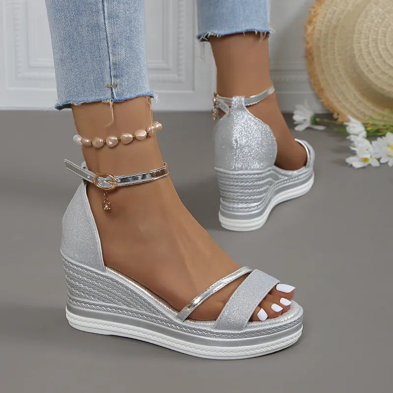Damen Keilabsatz Sandalen ⎜ Elegante Sommerschuhe mit Glitzerriemen und Verstellbarem Knöchelriemen