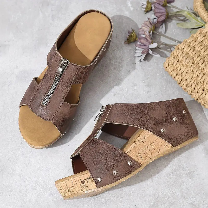 Keilabsatz Sandalen für Damen ⎜ Modische Sommerschuhe mit Reißverschluss und komfortablem Tragegefühl