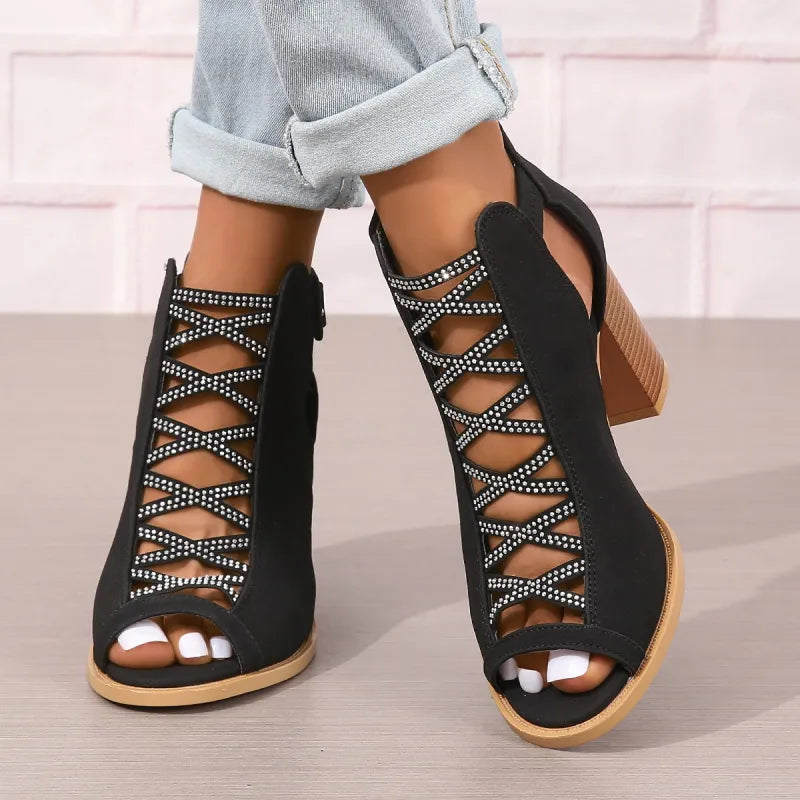 Damen High Heel Sandalen ⎜ Elegante Sommerschuhe mit Blockabsatz und Modischer Schnürung für Alltag & Events