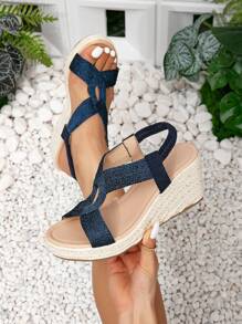 Damen Keilsandaletten mit Plateau ⎜ Elegante Sommerschuhe mit elastischem Riemen und bequemer Bastsohle