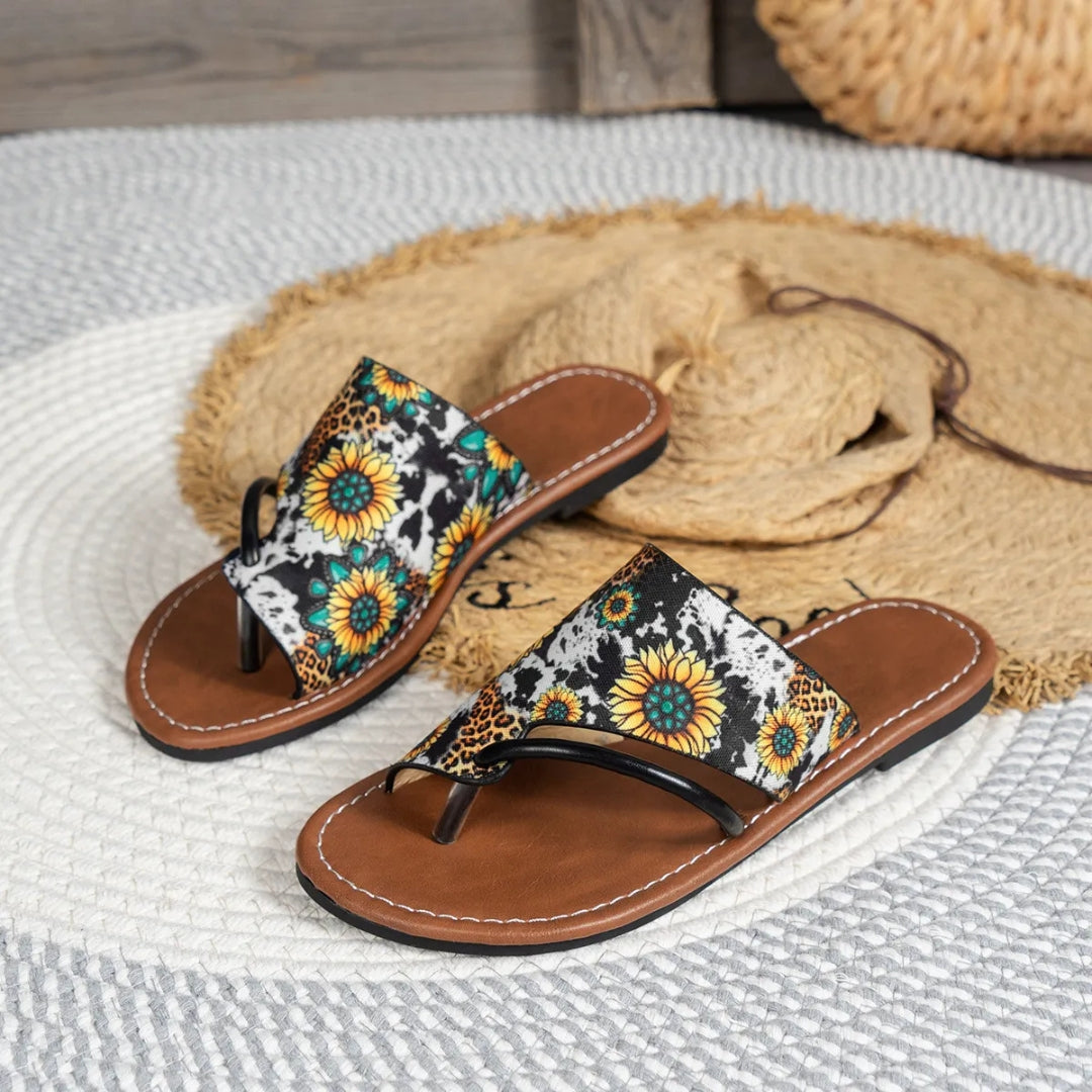 Zehentrenner-Sandalen für Damen ⎜ Atmungsaktive Sommerschuhe mit Buntem Print und Bequemer Laufsohle
