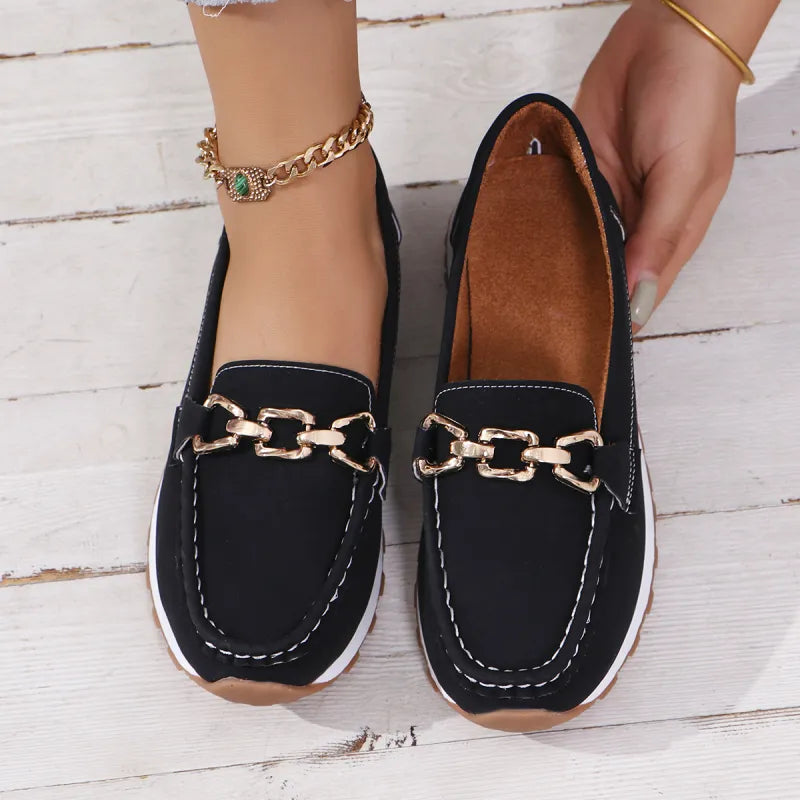 Bequeme Damen Loafers ⎜ Flache Schuhe mit Metallkette und Komfortabler Sohle für Alltag und Freizeit